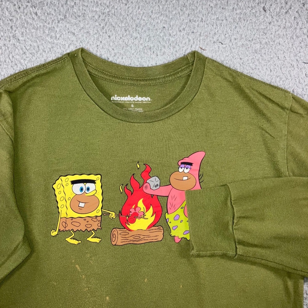SpongeBob L/S Tee Men S Green Caveman Graphic Thrashed Bleached 90s Nostalgia